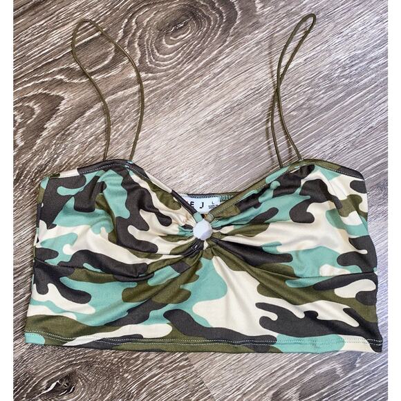 NWT Fashion Nova XL Green Camo Print Tank Crop Top Keyhole Bralette Ruched - Picture 2 of 4